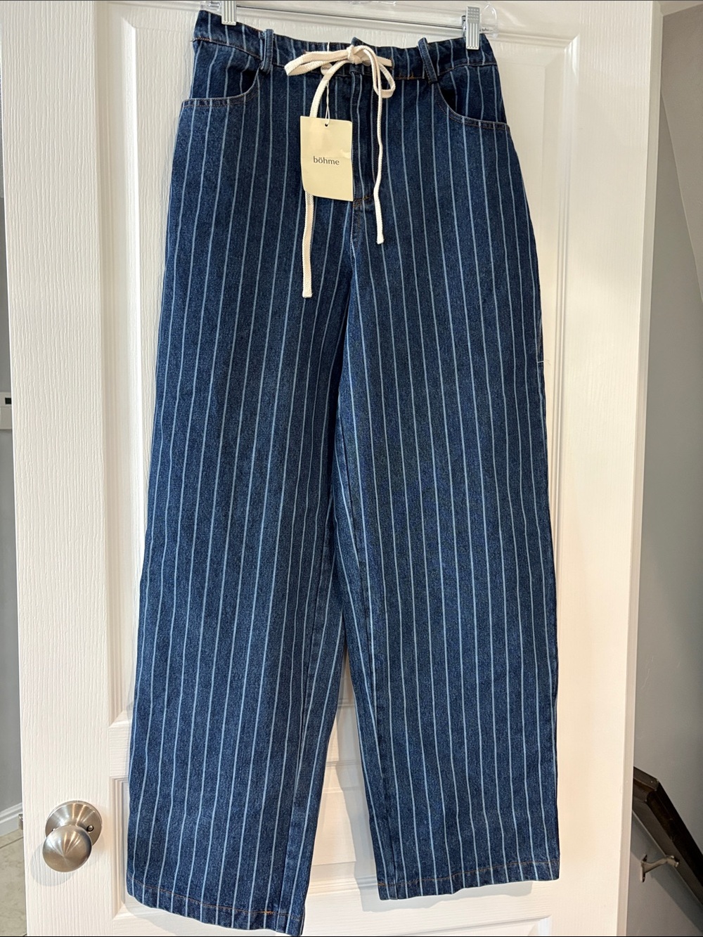 bohme Indigo Pinstripe Drawstring Wide-Leg Jeans